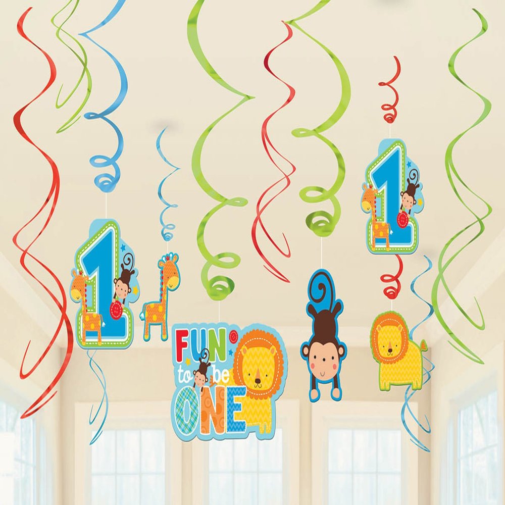 Amscan One Wild Boy 1st Birthday Value Pack Foil Swirl Decorations, Medium, Blue/Red/Green