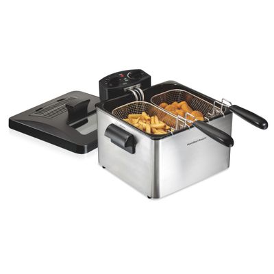Hamilton Beach Electric Deep Fryer with 2 Baskets and Lid, 4.5 Liters / 19 Cups Oil Capacity, Temperature Control, View Window, Professional Style, 1800 Watts, Stainless Steel (35036)