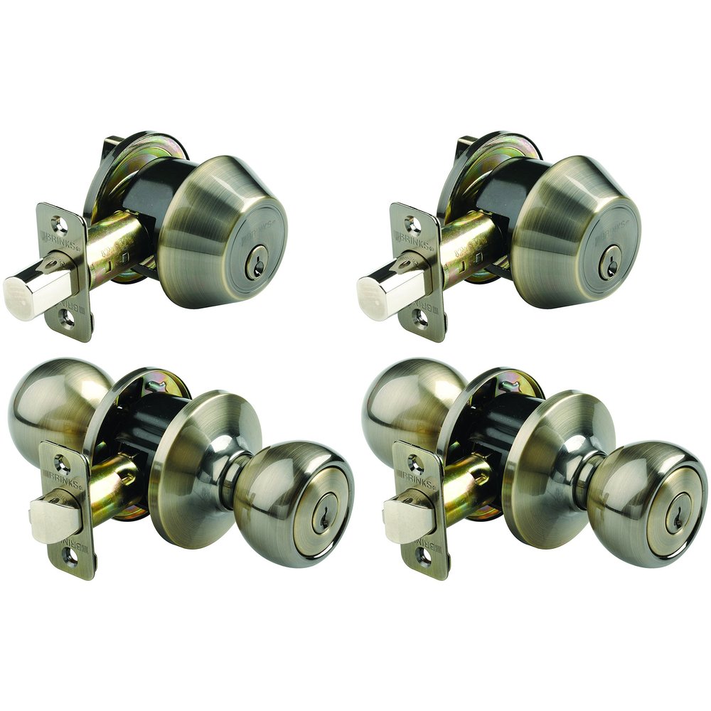 Brinks 2106-109 Ball Style Keyed Alike Entry Knob and Deadbolt (Pack of 2 with 2 Knobs, 2 Deadbolts), Antique Brass