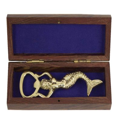 Solid Brass Mermaid Bottle Opener in Wooden Box with Inlaid Anchor