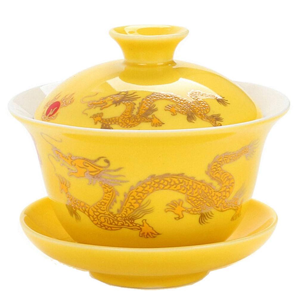 Moyishi Chinese Porcelain Gaiwan Floral Dragon Tradition Sancai Tea Cup Tea Set Best Gift (Golden Dragon)