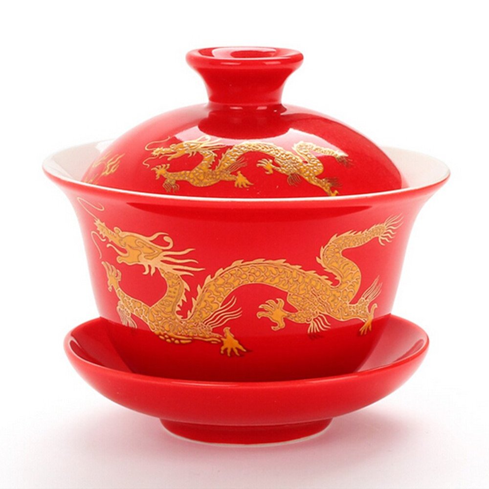 Moyishi Chinese Porcelain Gaiwan Happy Red Dragon Tradition Sancai Tea Cup Tea Set Best Gift