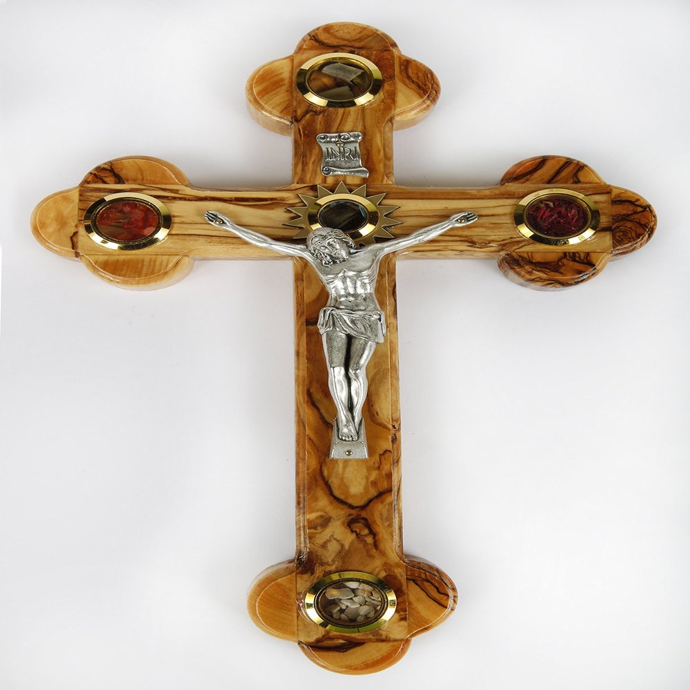 Olive Wood Crucifix Wall Cross adorned with olive leaves, frankincense, flowers and stones from Jerusalem Hand Crafted by Artisans in Bethlehem (the heart of the holy land). An Ideal Religious Gift