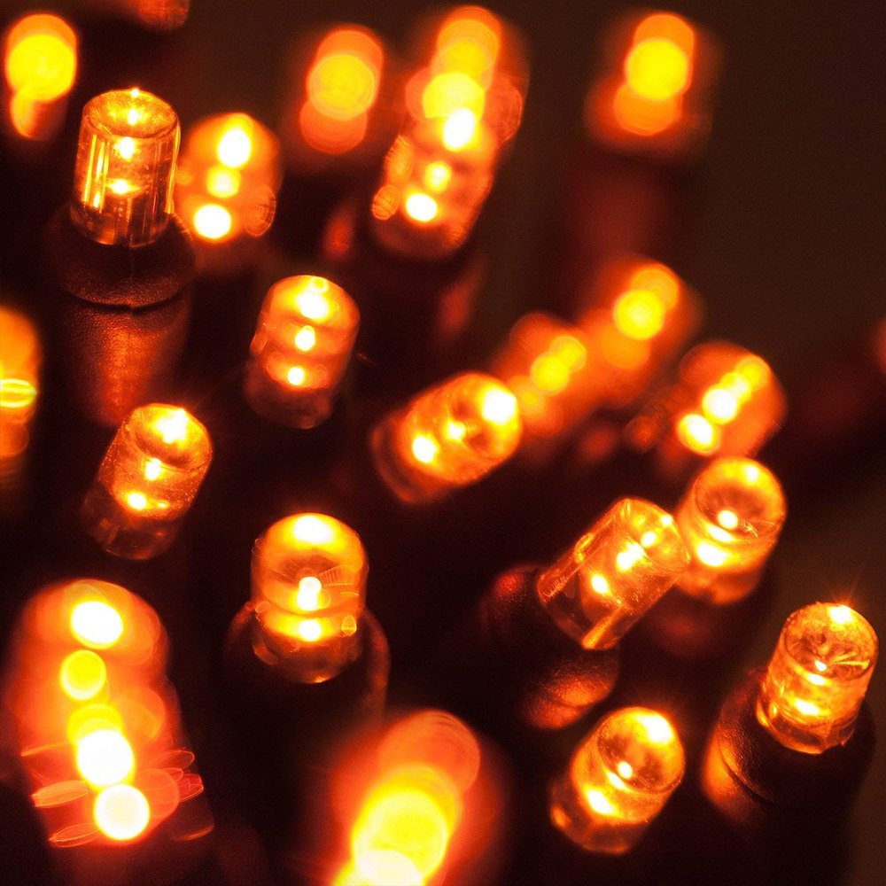 Wintergreen Lighting LED Amber/Orange Halloween Mini Light Set, 70 5mm Lights, Indoor/Outdoor Halloween Light Decorations, 120V UL Certified, Black Wire