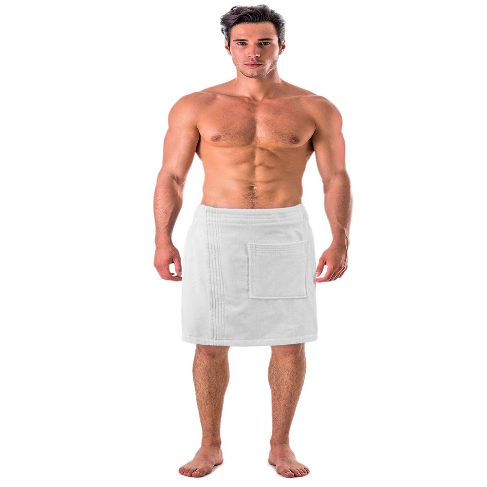 Turkish Cotton Terry Velour Adjustable Body Wrap Towel for Men (White, One Size)