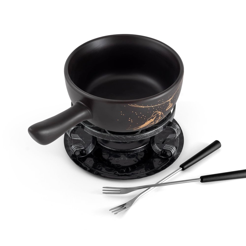 Swissmar Gruyere Cheese Fondue Set - 2.8 QT / 2.65 L - Ceramic Fondue Pot with Rechaud, Fondue Burner, 6 Forks - Ideal for Melting Cheese, Chocolate & Caramel - Black
