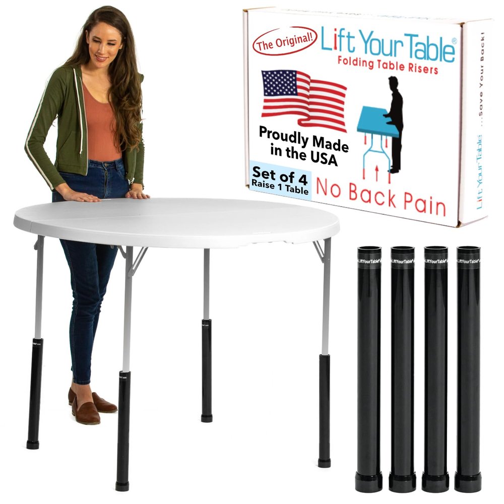 Lift Your Table Folding Table Risers - Counter Height (for Straight Leg Design) USA Made, Sturdy, Portable, Easy-to-Use Extensions Raise Straight Leg Folding Tables (Set of 4)