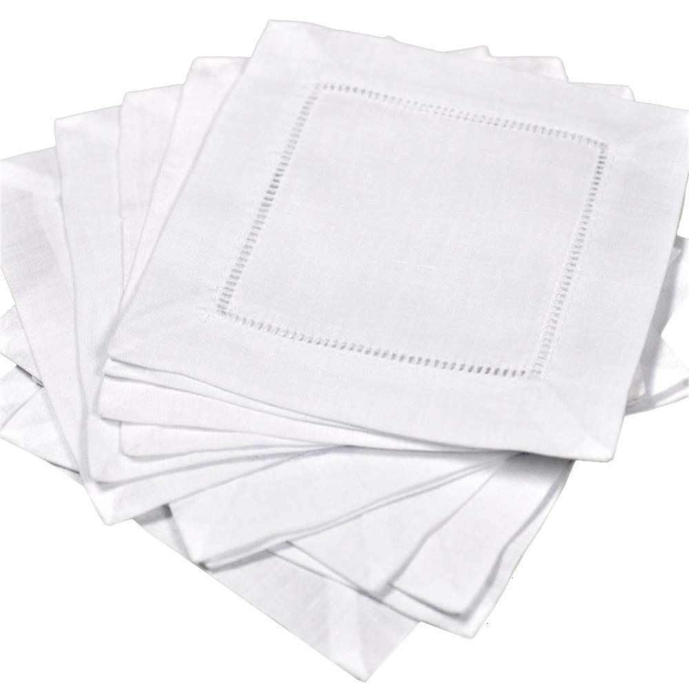 Bumblebee Linens White Linen Hemstitched Cocktail Napkins- 1 Dozen 6 X 6- Ladder Hem Stitch Cloth Napkin Coasters Model: CNLWH-001 (Home & Kitchen)
