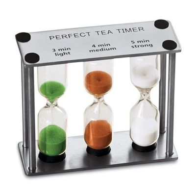 Lily's Home 3.75" Tall 3-in-1 Perfect Tea Timer, Includes 3, 4, and 5 Minute Sand Hourglass Timers, Use for Making Tea or Keeping Time Around The Kitchen, Brushed Stainless Steel Frame