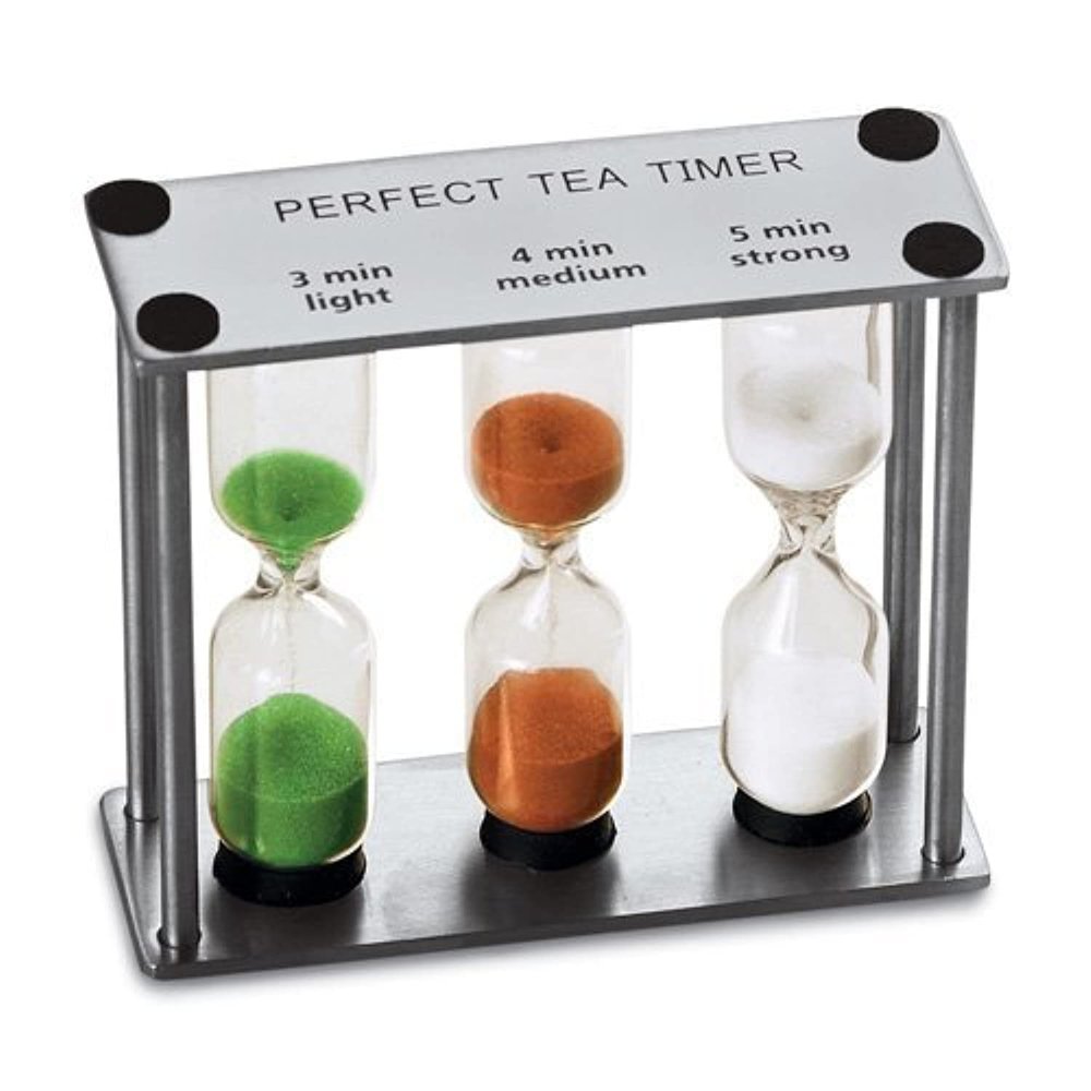 Lily's Home 3.75" Tall 3-in-1 Perfect Tea Timer, Includes 3, 4, and 5 Minute Sand Hourglass Timers, Use for Making Tea or Keeping Time Around The Kitchen, Brushed Stainless Steel Frame