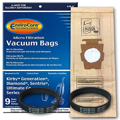 EnviroCare Replacement Micro Filtration Vacuum Cleaner Dust Bags Designed to fit all Kirby Generation and Sentria Models 9 Pack, plus 2 belts