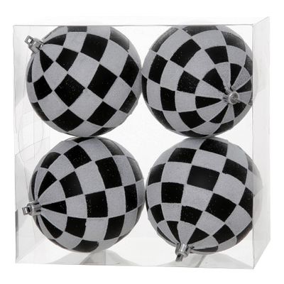 Vickerman 4" Black & White Checkered Glitter Ball - 4 per Box - Matte, Glitter Pattern - Festive Ornaments - Christmas