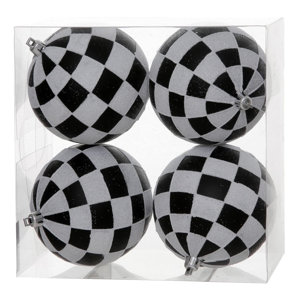 Vickerman 4" Black & White Checkered Glitter Ball - 4 per Box - Matte, Glitter Pattern - Festive Ornaments - Christmas