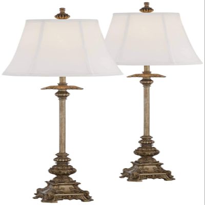 Regency Hill Juliette Traditional French Country Style Buffet Table Lamps 36.5" Tall Skinny Set of 2 Antique Gold Ornate Base White Fabric Bell Shade Decor for Living Room House Home Dining