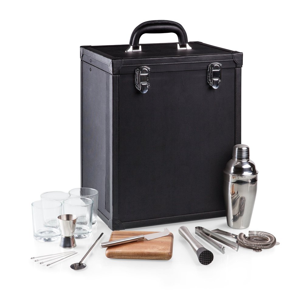 Picnic TIME Hamilton Bartender Kit, Portable Bar Case with Cocktail Shaker Set, Professional Mixology Bartender Kit Stand, Cocktail Shaker Set with Leatherette Case and Service for Four (Black)