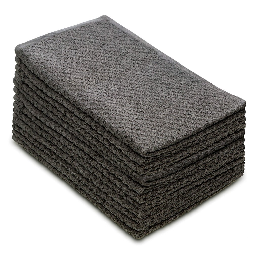 COTTON CRAFT Amazing Kitchen Towels - Set of 12 Terry Towel - 100% Cotton Euro Caf Waffle Weave Dish Towel Set - Soft Absorbent Quick Dry Low Lint Reusable Pantry Bar Cleaning Cloth -16x28 - Charcoal