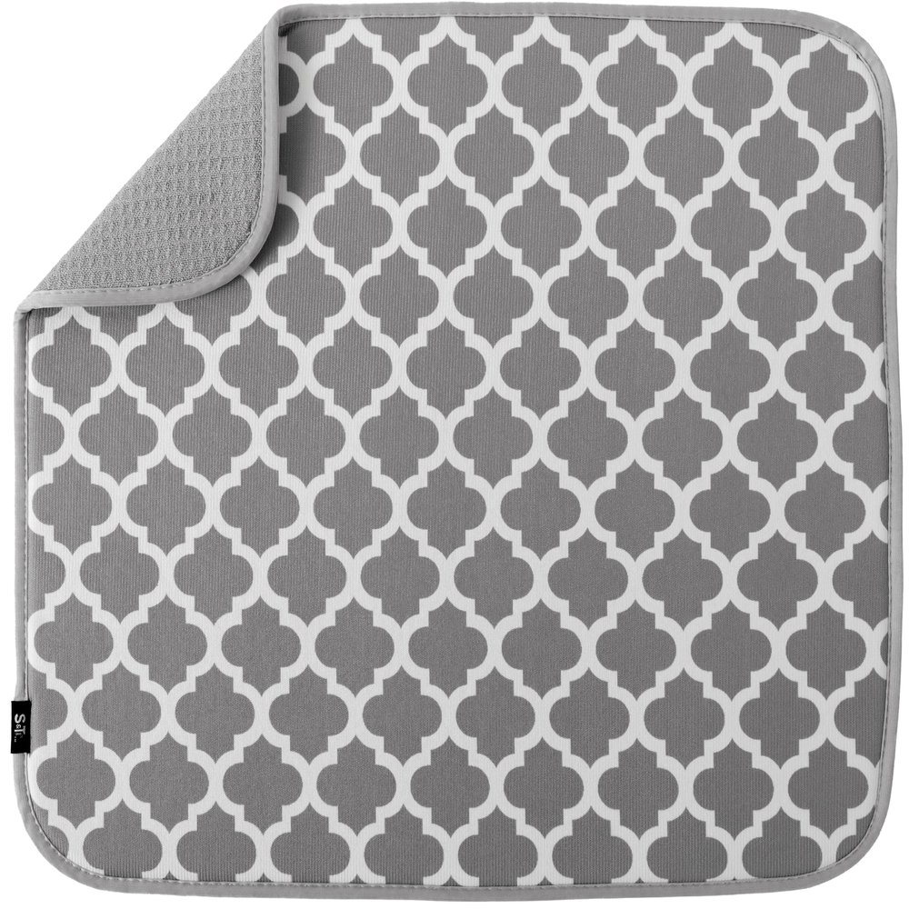 S&T INC. Dish Drying Mat, 16 x 18, Absorbent Microfiber Kitchen Counter Mat, Dish Drying Pad for Dishes, Utensils, Pots and Pans, Large, White Trellis