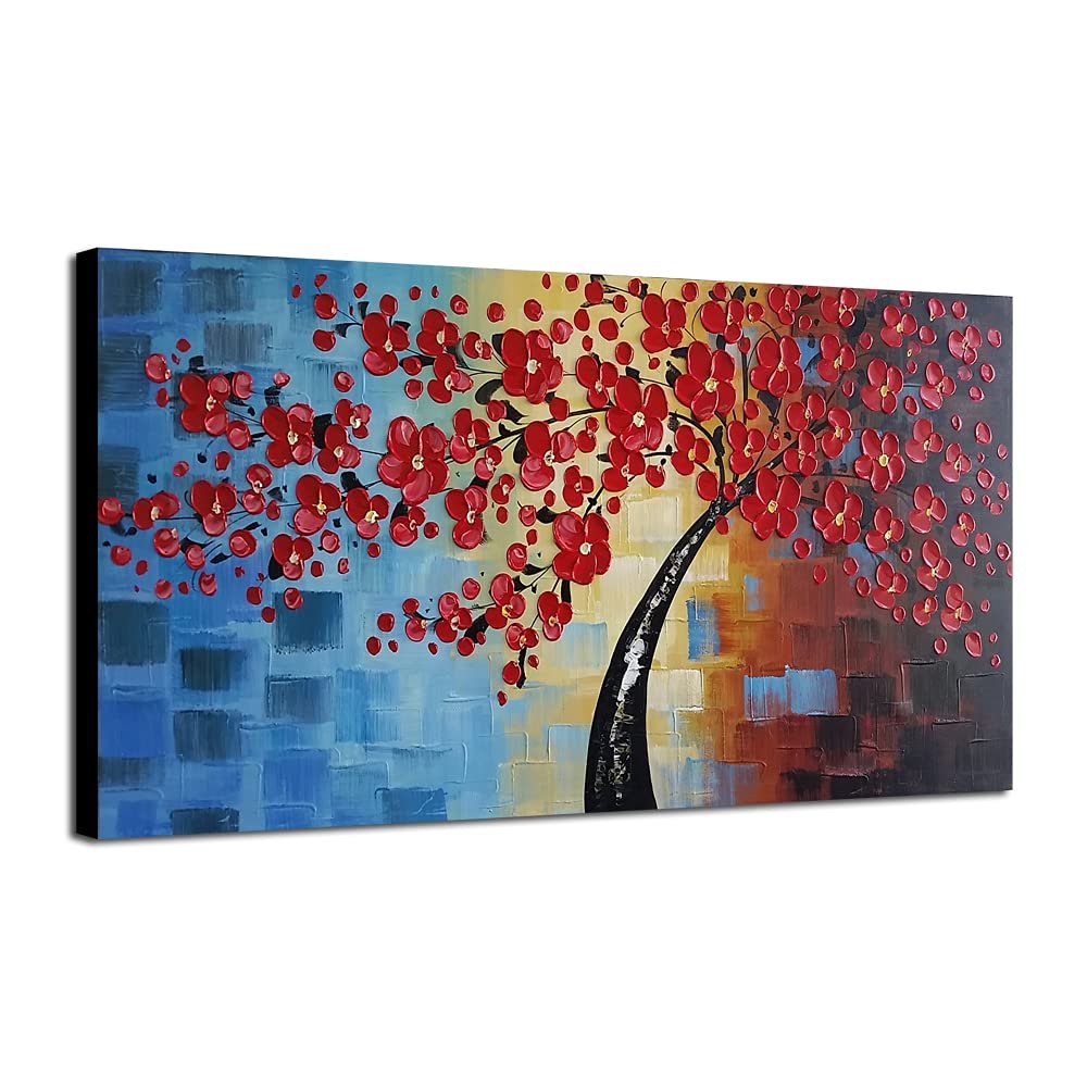 Wieco Art Abstract Floral Oil Paintings on Canvas Wall Art for Bedroom Bathroom Home Decorations Dazzling Beauty 3D Thick Layer Modern Large 100% Hand Painted Wrapped Pretty Red Flowers Artwork L