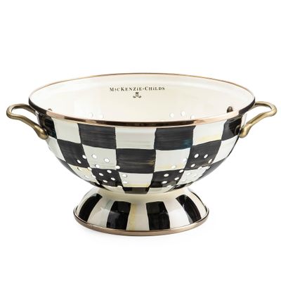 MACKENZIE-CHILDS Enamel Colander, Decorative Kitchen Strainer, Large, Black-and-White Courtly Check