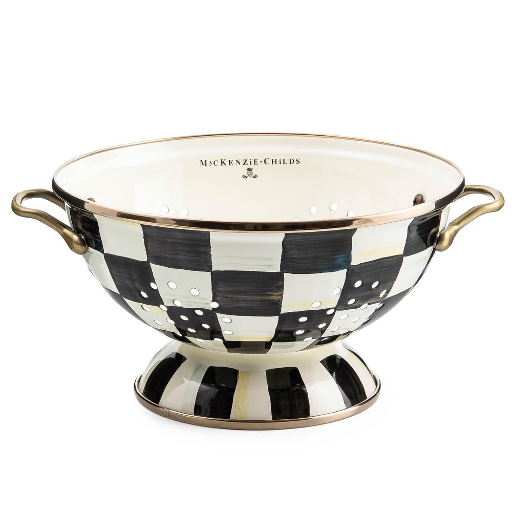 MACKENZIE-CHILDS Enamel Colander, Decorative Kitchen Strainer, Large, Black-and-White Courtly Check