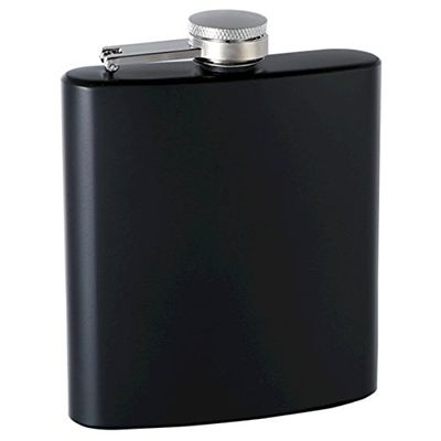 Hip Flask Holding 6 oz - Rubber-Coated Non-Slip Pocket Size, Stainless Steel, Rustproof, Screw-On Cap - Black Finish - Black Gift Box Included