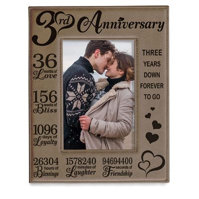 KATE POSH Our 3rd Wedding Anniversary, 3 Years Anniversary, 3 Years of Marriage, Gifts for Couple, Third Anniversary - Engraved Leather Picture Frame (4 x 6 Vertical)