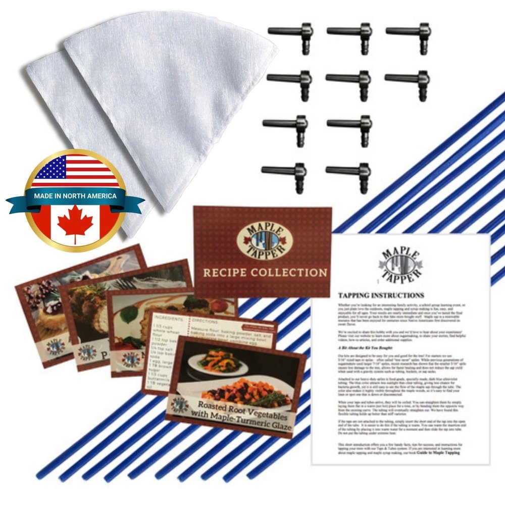 MAPLE TAPPER Maple Syrup Tree Tapping Kit (10) Spiles + (10) 3' Tubes + (2) 1- QT Maple Sap Filters BPA Free Food Grade - Full Instructions, Recipe Cards- Made in North America