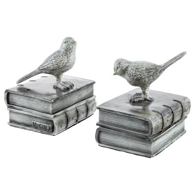 MyGift Resin Decorative Bookends for Heavy Books with Bird and Book Design, Farmhouse Book Ends, Vintage White Bookends, 1 Pair