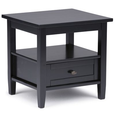 SIMPLIHOME Warm Shaker End Table - 20 inch Wide Solid Wood Side Table in Black, Transitional Accent Table for Living Room or Bedroom with Drawer, Open Shelf and Square Tapered Legs