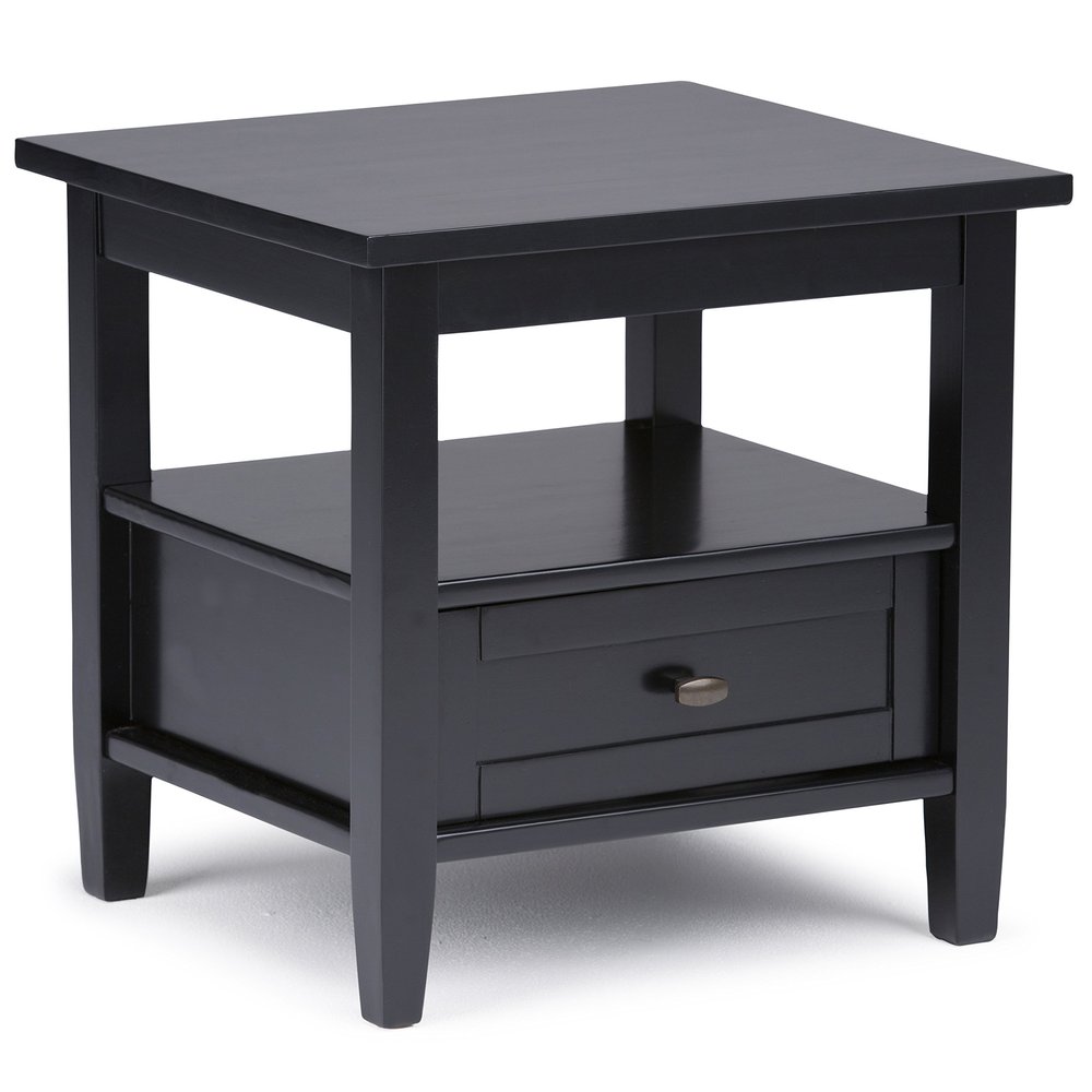 SIMPLIHOME Warm Shaker End Table - 20 inch Wide Solid Wood Side Table in Black, Transitional Accent Table for Living Room or Bedroom with Drawer, Open Shelf and Square Tapered Legs