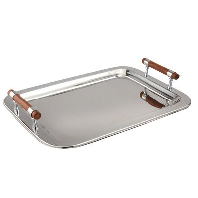 Elegance Stainless Steel Large Rectangular Tray with Wood Handles, 22 by 15.5-Inch, Silver