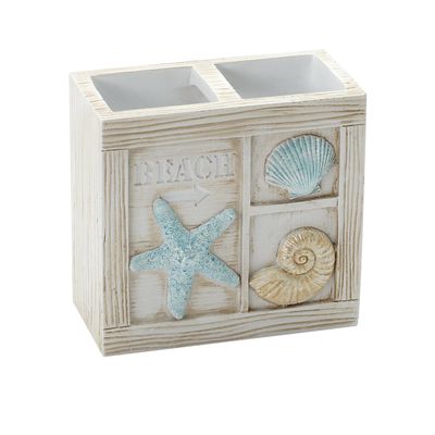 Zenna Home Seaside Serenity Bathroom Toothbrush Holder with Carved Resin Design, Holds Up to 4 Brushes, Electric Toothbrush Holder for Bathroom Decor with Hand-Painted Shells, Teal/Ivory