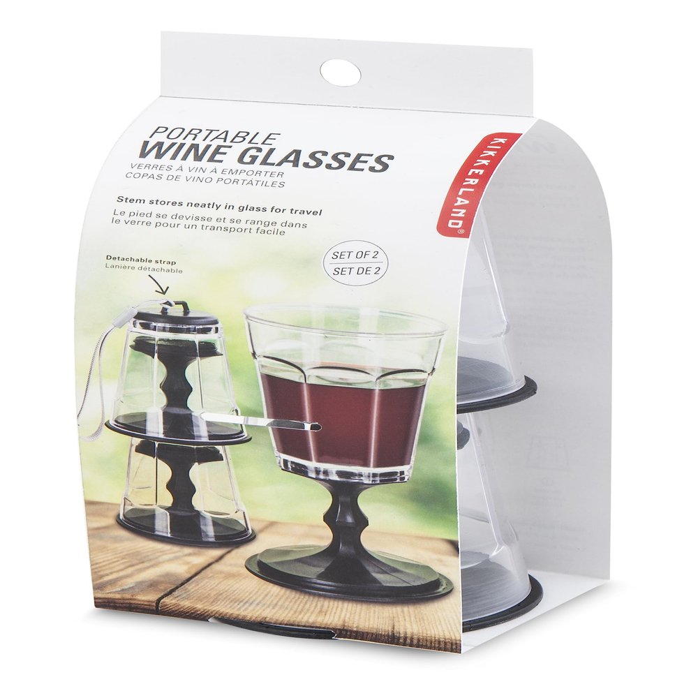 Kikkerland Portable Wine Glass, Stackable CompactTravel Glasses with Strap, Black, Set of 2