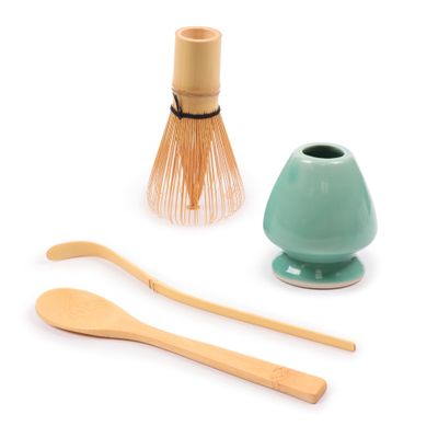 BambooMN Matcha Green Tea Whisk And Scoop 4 Piece Set - Green Holder - 1 Set