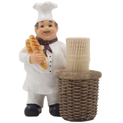French Chef Pierre Decorative Toothpick Holder Figurine with Faux Wicker Basket Display Stand and Gourmet Bread Accents for Country Cottage Kitchen Dcor As Collectible Housewarming Gifts