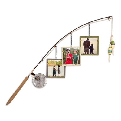 Young's Inc Wood Fishing Pole Triple Photo Frame Rustic Lake House Wall Fish Decor with Hanging 4x4 Frames, Lodge & Woodland Cabin Accent for Fishermen, Outdoor Enthusiasts, and Family Memories
