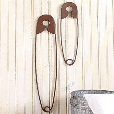 Collections-Etc Large Hanging Metal Safety Pins Laundry Room Wall Home Decoration - Set of 2 , Rustic
