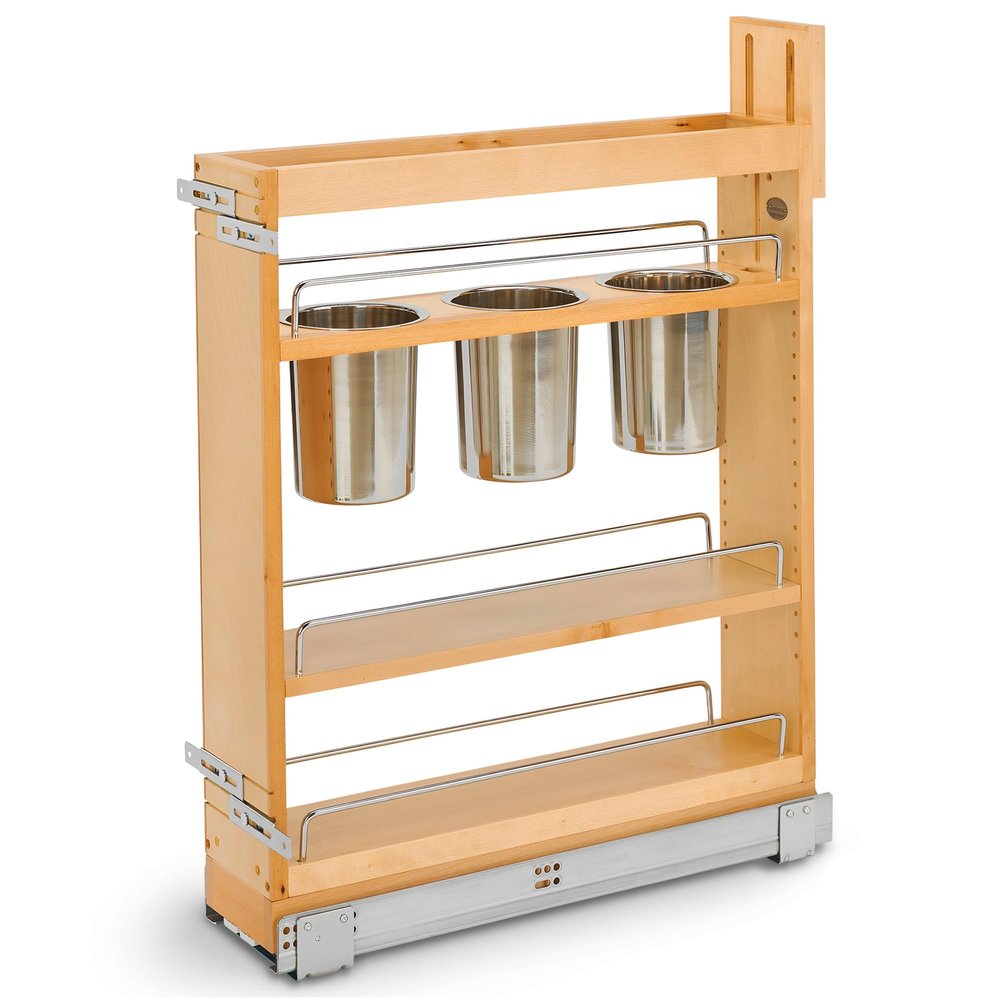 Rev-A-Shelf 5" Pull Out Storage Organizer for Base Kitchen w/ Soft-Close, Sliding Shelves for Utilities, Utensils or Spices, 448UT-BCSC-5C