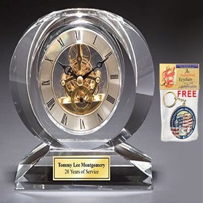 Engraved Elegant Curve Crystal Glass Gold Da Vinci Dial Clock on Crystal Clear Base. Gold Engraved Plate on Retirement, Corporate Recognition Service Award or Corporate Appreciation Birthday Present