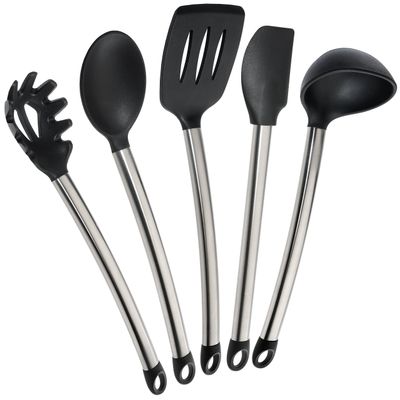 Elite Kitchenware Stainless Steel Kitchen Utensils, 5 Piece Silicone Cooking Utensil Set Including Spatula, Spoon, Server, Turner and Ladle - Cookware Set - Kitchen Gadgets by Elite Kitchenware