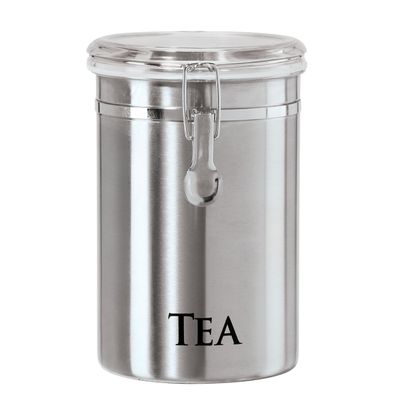 Oggi Stainless Steel Tea Canister 62 fl oz - Airtight Clamp Lid, Clear See-Thru Top - Ideal for Tea Bag, Loose Tea, Kitchen Storage, Pantry Storage. Large Size 5" x 7.5".