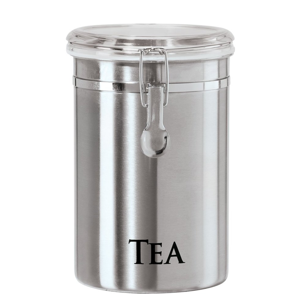 Oggi Stainless Steel Tea Canister 62 fl oz - Airtight Clamp Lid, Clear See-Thru Top - Ideal for Tea Bag, Loose Tea, Kitchen Storage, Pantry Storage. Large Size 5" x 7.5".