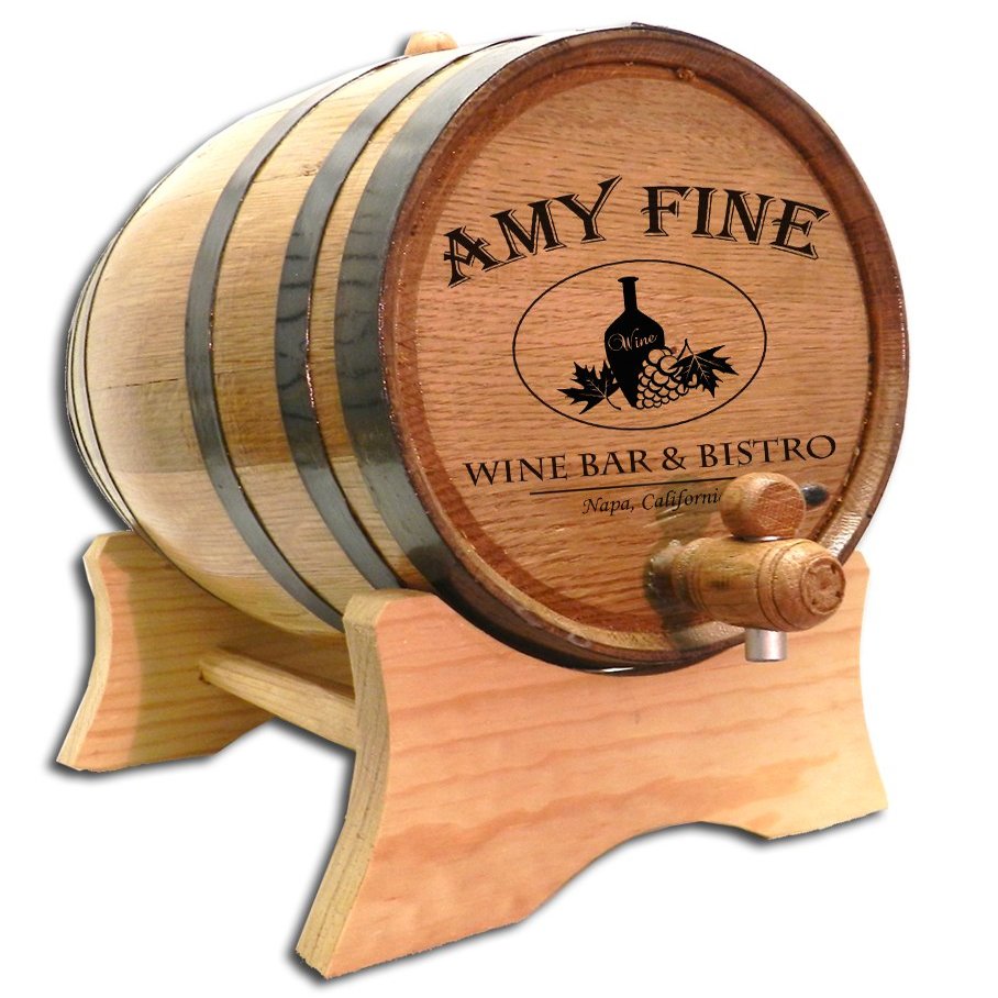 Personalized 10 Liter Oak Wine Barrel Dispenser (2.5 gallon) with Wood Stand, Bung, and Spigot - Small Toasted Wine Aging Barrels For Wine Making, Mead - Engraved Custom Bistro Design (B312)
