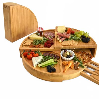 Picnic at Ascot Patented Bamboo Cheese/Charcuterie Board with Cheese Knife Set - Stores as a Compact Wedge - Opens to 18" Diameter - Designed & Quality Checked in USA