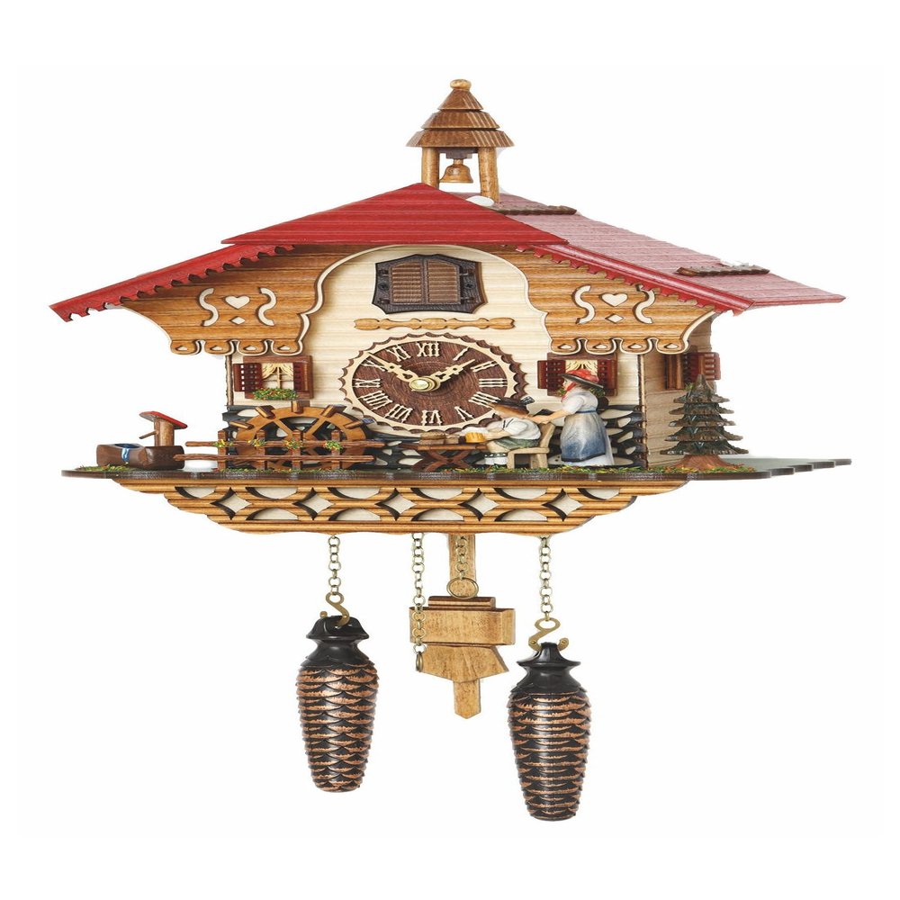 Trenkle Quartz Cuckoo Clock Black Forest House with Moving Black Forest Woman and Mill Wheel, with Music TU 4215 QM