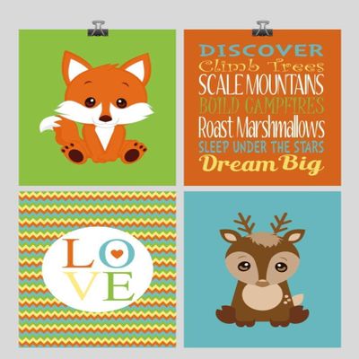 Woodland Animals Chevron Nursery Art Print Set of 4 - Fox, Deer, Love, Discover, Dream Big - Multiple Sizes