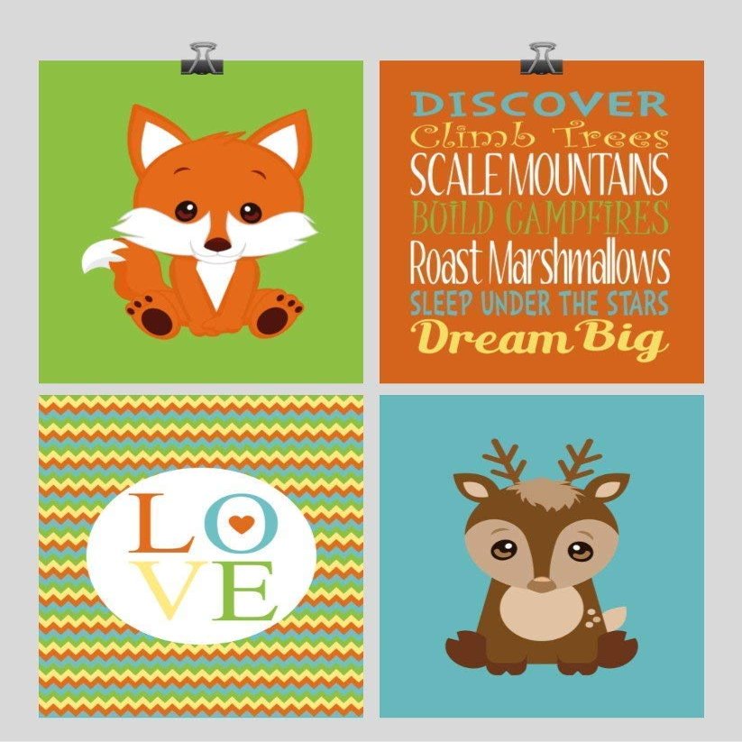 Woodland Animals Chevron Nursery Art Print Set of 4 - Fox, Deer, Love, Discover, Dream Big - Multiple Sizes