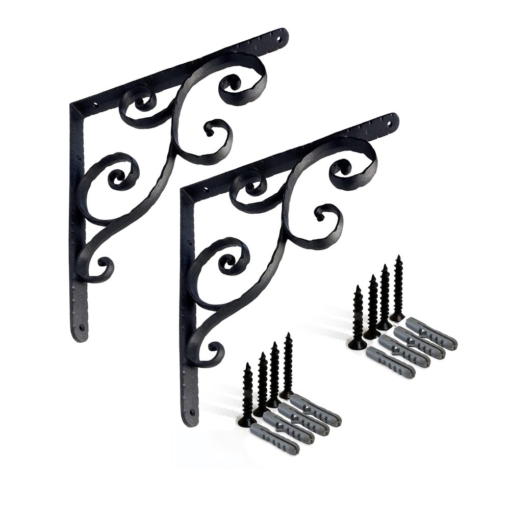 NACH Decorative Shelf Brackets, 2 Pack of 10 x 0.9 x 10 inch, Black Cast Iron Shelving Brackets - Metal Shelf Brackets for Wall - Victorian Scroll Shelf Bracket