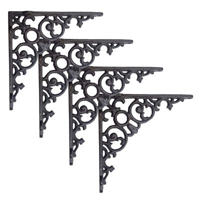 NACH Decorative Shelf Brackets, 4 Pack of 6 x 1.3 x 6 inch, Black Cast Iron Shelf Support Bracket - Metal Shelf Brackets for Wall - Victorian Shelf Bracket