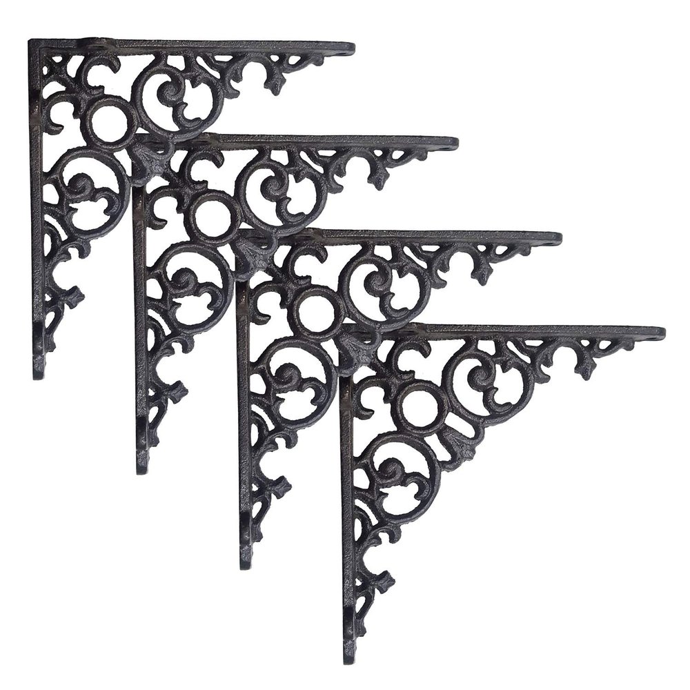NACH Decorative Shelf Brackets, 4 Pack of 6 x 1.3 x 6 inch, Black Cast Iron Shelf Support Bracket - Metal Shelf Brackets for Wall - Victorian Shelf Bracket